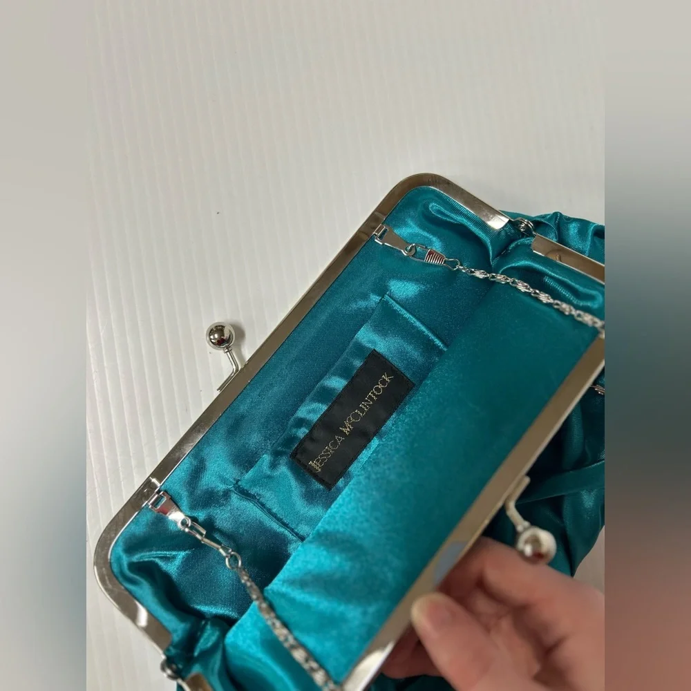 Jessica McClintock Teal Satin Purse Evening Bag Kiss Lock NWT - Picture 5 of 8